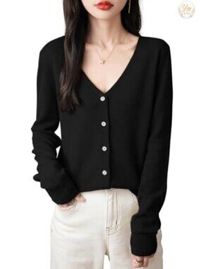 100% Merino Wool V-Neck Cardigan Lightweight Long Sleeve Knit Sweater Buttery